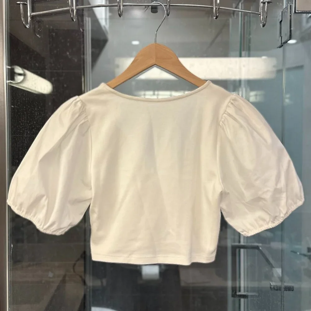 (NWOT) NLT Cotton-Poplin Puff Sleeve V-Neck Crossover Cropped Blouse (White) - Picture 9 of 14